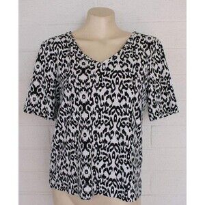 Chico's 1 Medium Black White Ikat Pima Cotton Short Sleeve Everyday Tee Top